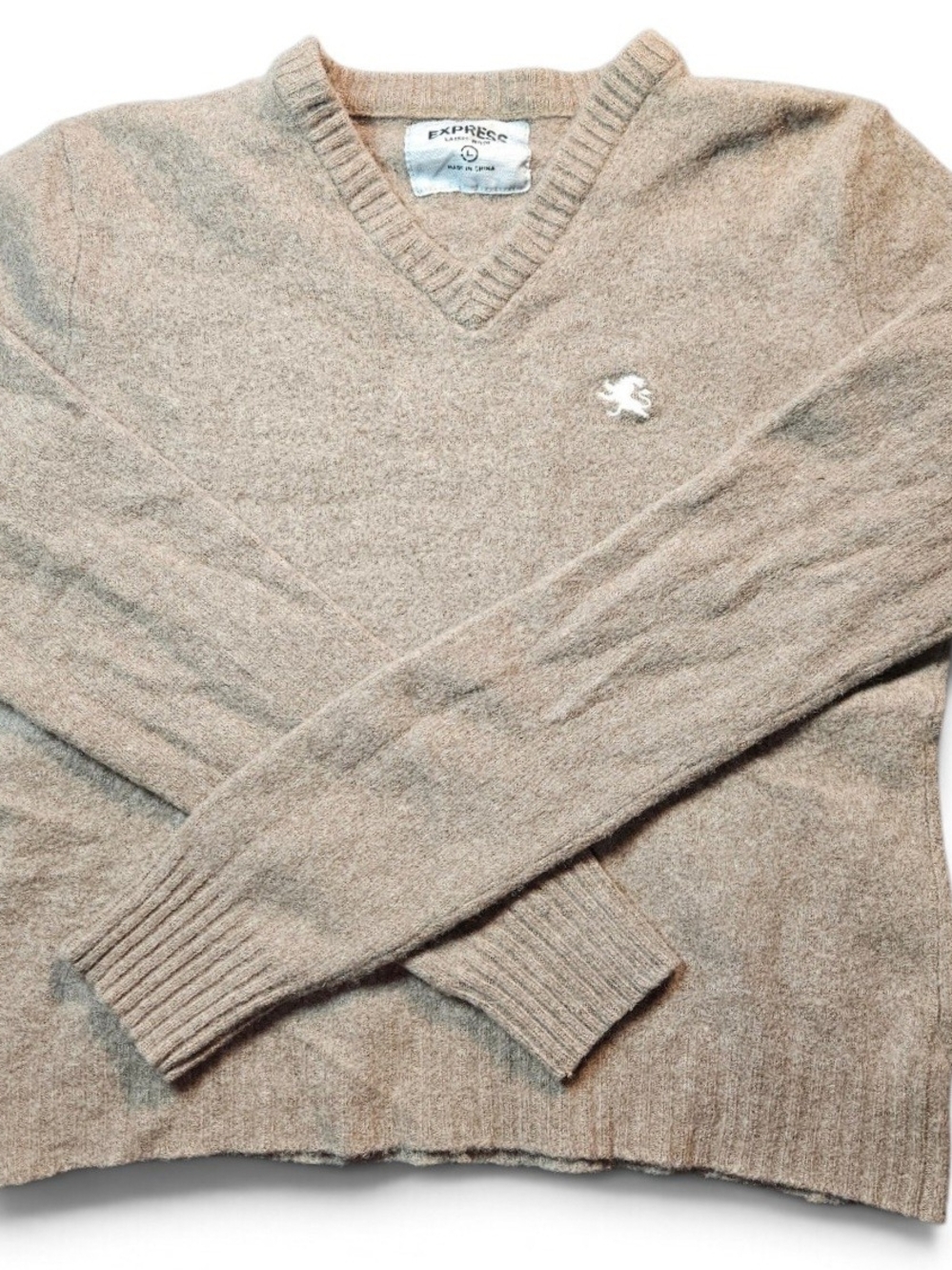 Express Women’s V-Neck Vintage Sweater Lambswool in Light Taupe